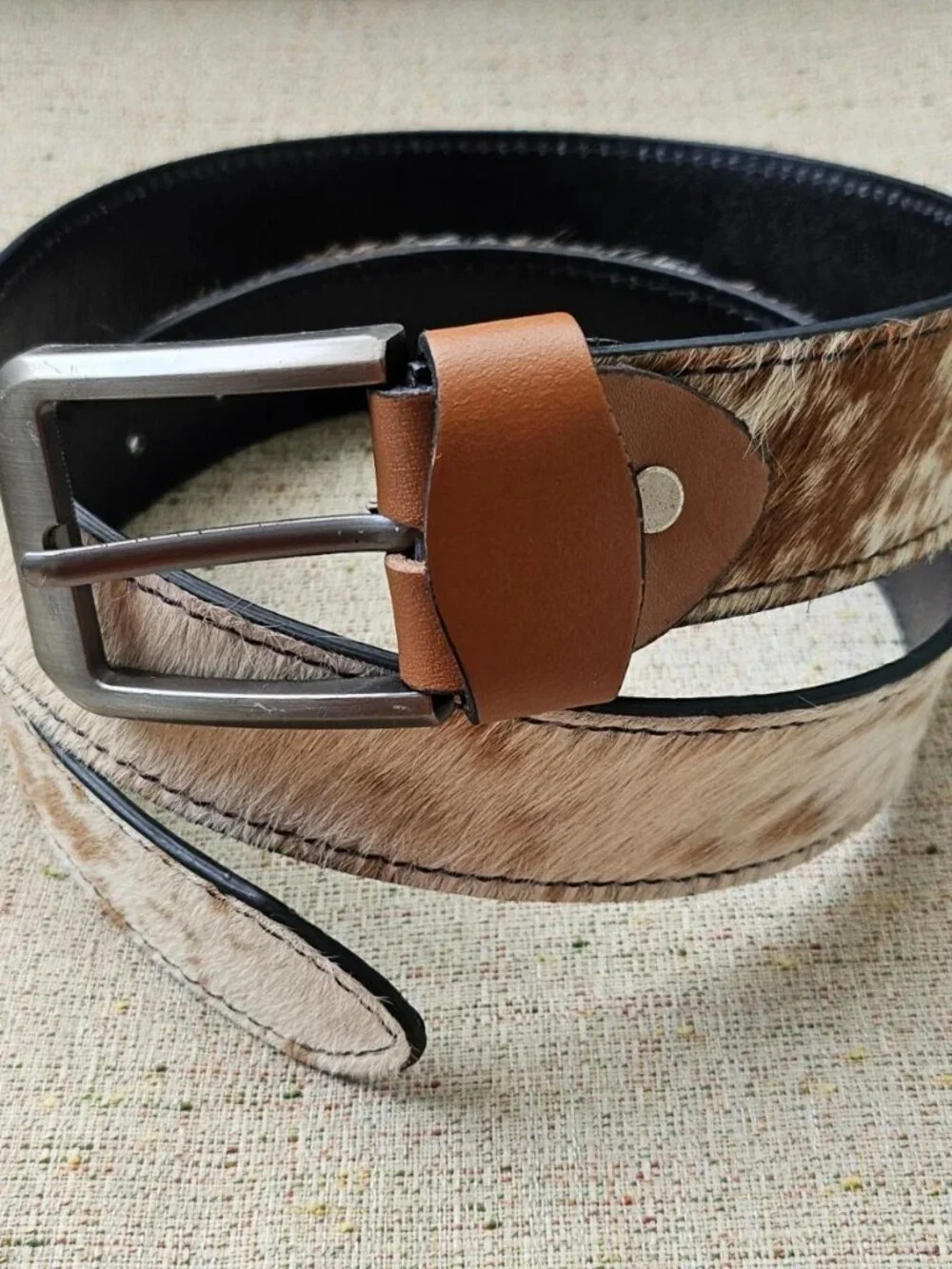 Handmade Belt Real Fur Brown/White Hair Waistband Pin Buckle Unisex Handmade